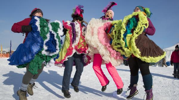 The Snowshoe Shufflers jump for joy at the Yukon Rendezvous Festival