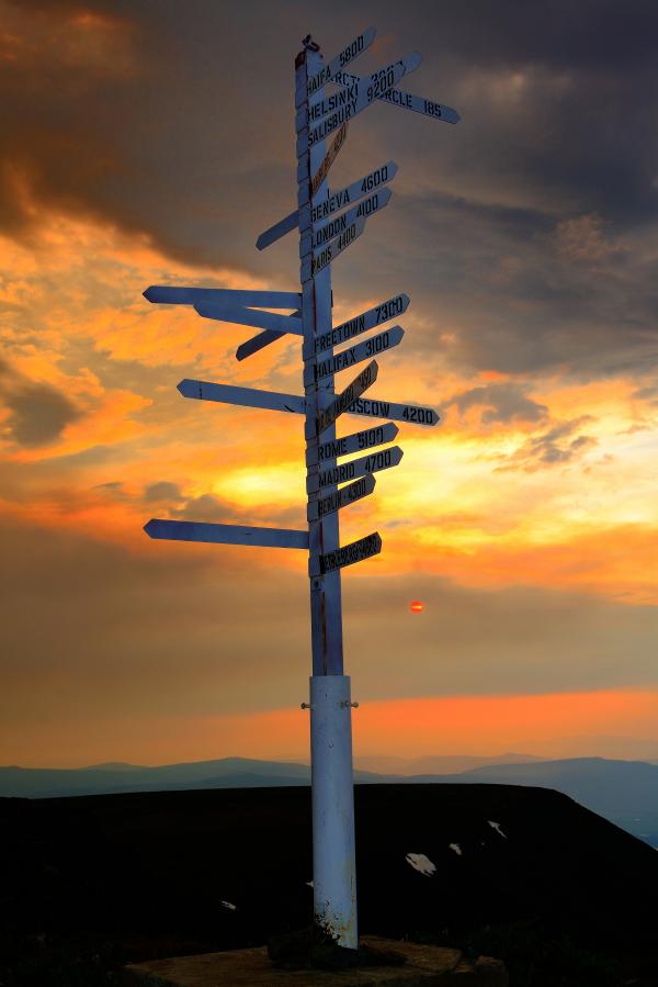 A sign post pointing to cities in many directions stands on a mountaintop at sunset