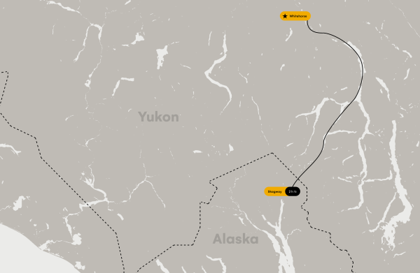 Map of getting here by boat with labels of Yukon and Alaska