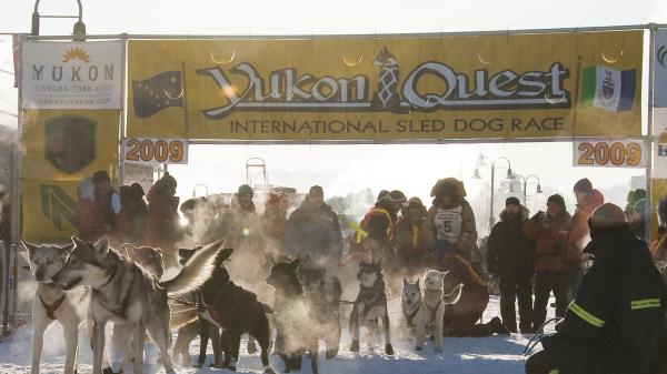 A musher starts the Yukon Quest International Sled Dog Race
