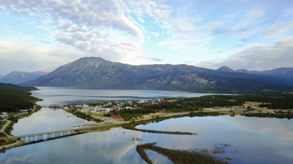 A drone shot of Carcross and the Southern Lakes region