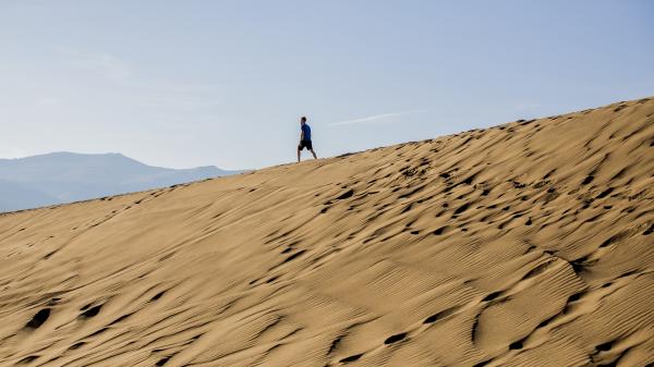 A person walks through the dunes of the Carcross Desert