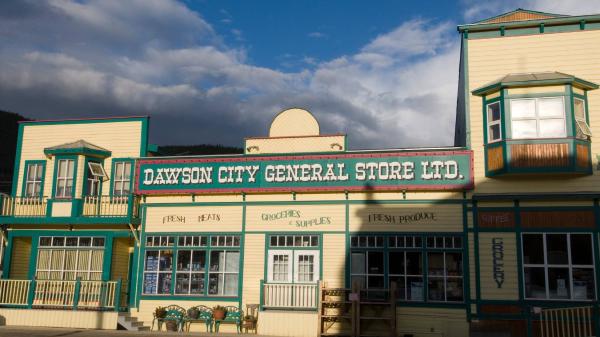 Dawson City General Store under a bright blue sky 