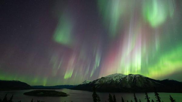Purple, white and green aurora shine over a mountain and lake