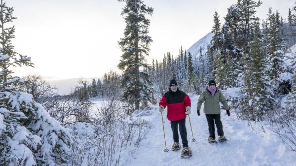Two people snowshoe in a snowy landscape