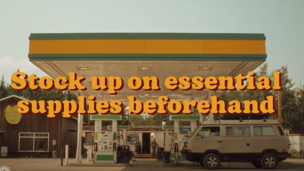 Stock up on essential supplies beforehand written over image of gas station