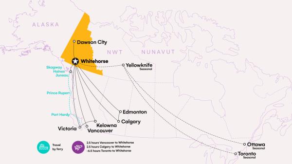 map of flight routes to the Yukon