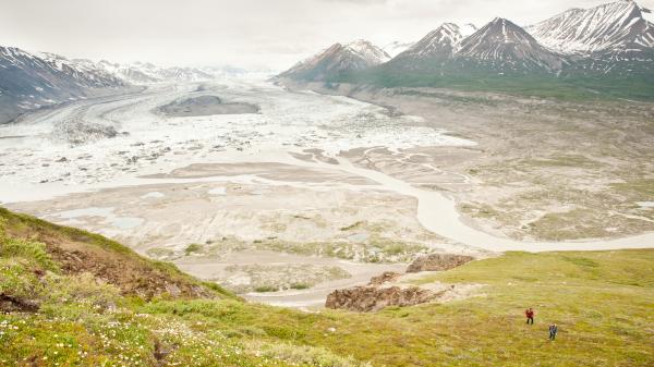 Hiking above the Alsek River and Lowell Glacier in Kluane National Park and Reserve, during a rafting trip on the Alsek River.