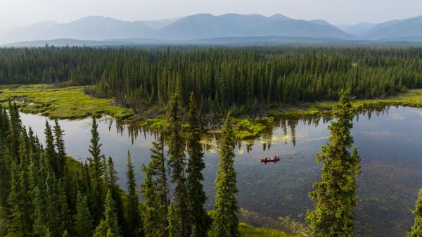 Canoeing on one of the many small lakes along the Campbell Highway near Ross River. The St. Cyr Range of the Pelly Mountains is in the hazy distance.