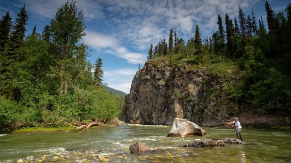 A person fly-fishes in a Yukon river