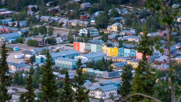 An aerial shot of colourful Dawson City