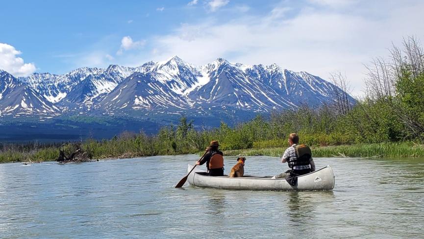 Rox, john and daisy on canoe.JPG