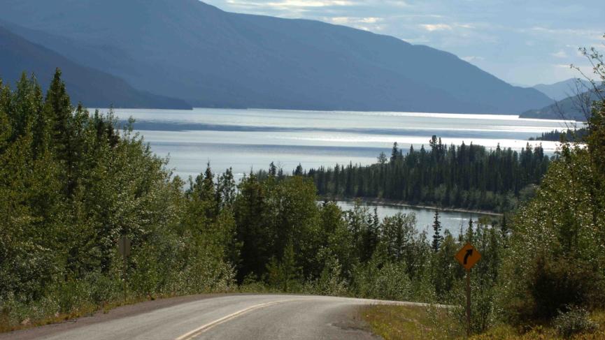 Campbell highway roaring hills towards a large lake