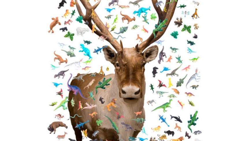 Image of caribou surrounded by dinosaurs and other animals