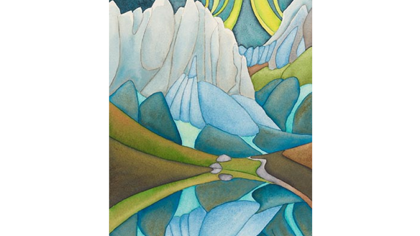 Watercolour painting of lake, mountains and aurora borealis