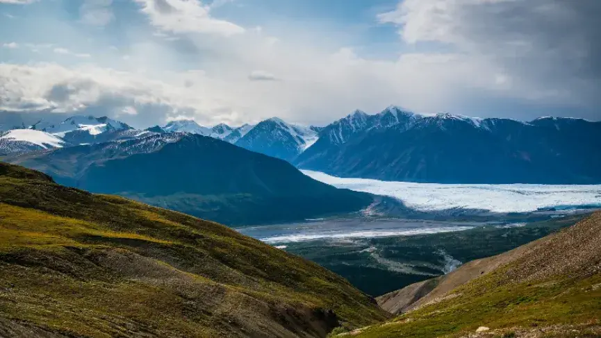 Kluane Mountain valley with view of the Donjek Glacier