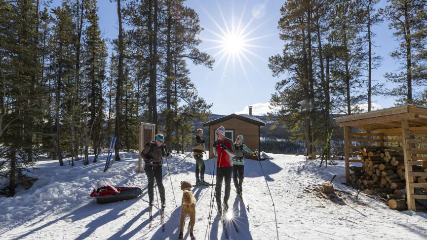 Skiers and a dog enjoying a sunny spring day outside Memorial Hut on the trail.