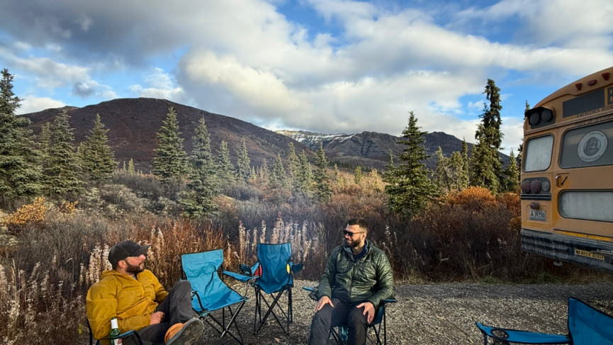 Camp setup with the Squatch bus in Tombstone