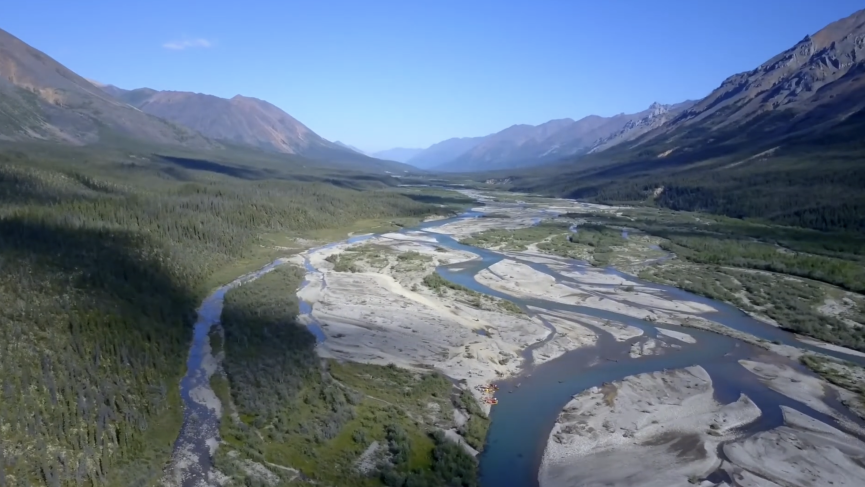 Overhead drone view of the braids of the snake river