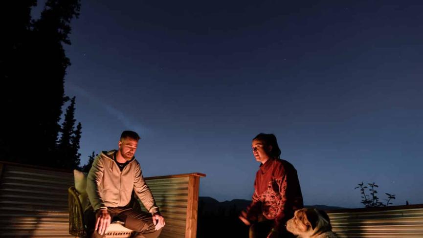 Evening around the fire at the Geodome