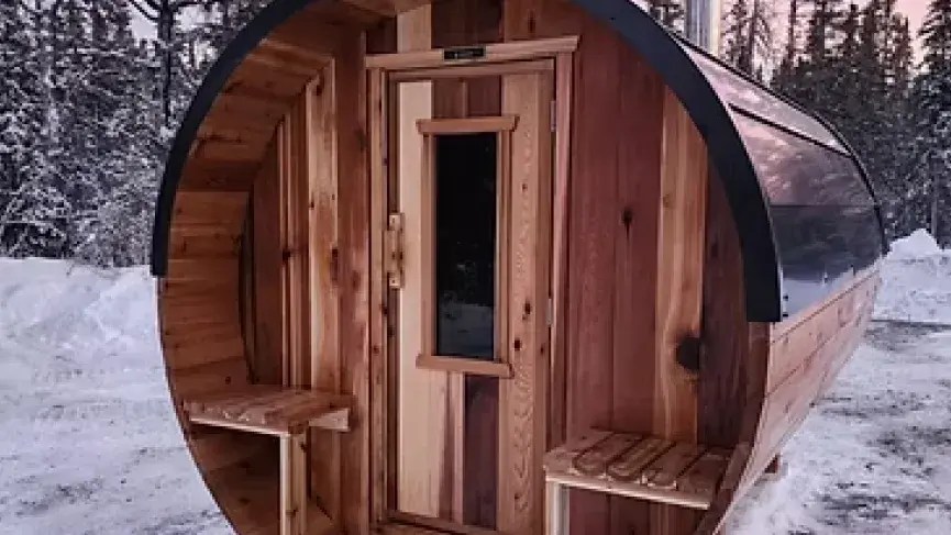 Wooden barrel sauna at Kluane Outdoor Inspirations