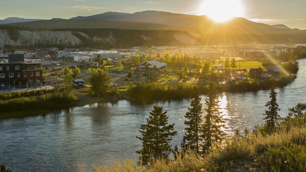 A view of downtown Whitehorse under the midnight sun