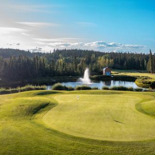 A green golf course on a blue sky day