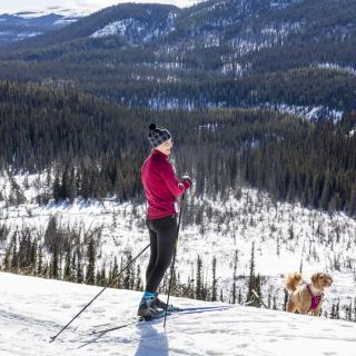 Skier standing still on a groomed trail, overlooking a winter meadow and mountain range.
