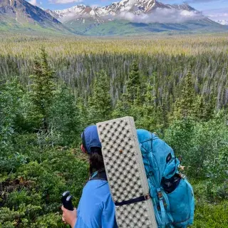 Backpacker on Cottonwood trail looking over valley Kluane National Park
