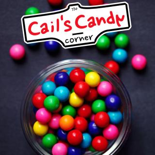 gumballs falling out of a glass jar, with the Cail's Candy Corner Logo