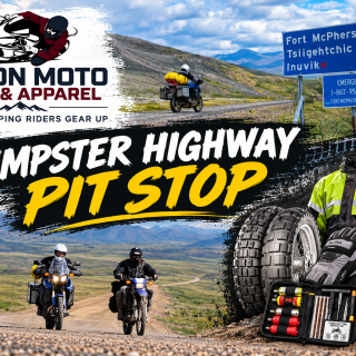 Yukon Moto Gear & Apparel Dempster Highway Pit Stop graphic featuring adventure motorcyclists riding the Dempster Highway through Yukon mountain scenery, alongside a northern highway sign and essential motorcycle travel gear including dual-sport tires, rain gear, waterproof gloves, gaiters and a tubeless tire repair kit.