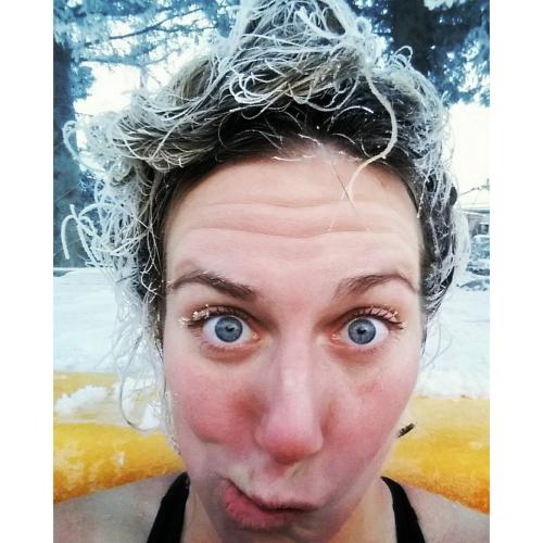 A woman with frozen hair at the hot springs