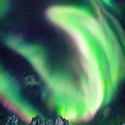 Northern lights dance above mountains in Tombstone Territorial Park