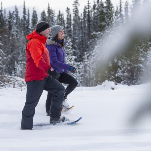 Two people snowshoe in the Yukon