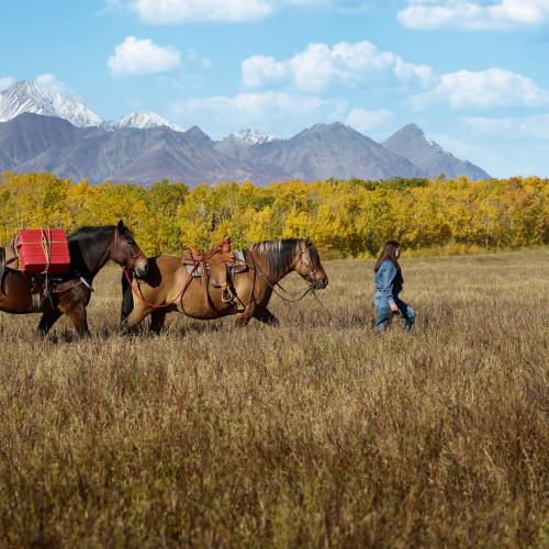 Woman leading her horse in front of mountain range