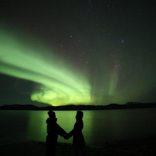 Two people holding hands under the northern lights