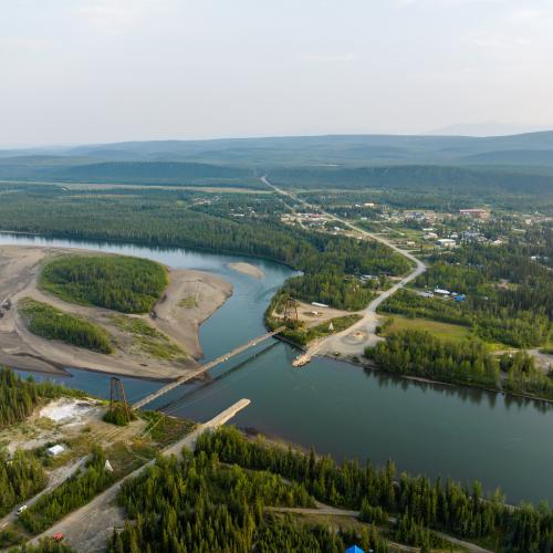 Aerial view of Ross River and the North Canol Road crossing the Pelly River.
