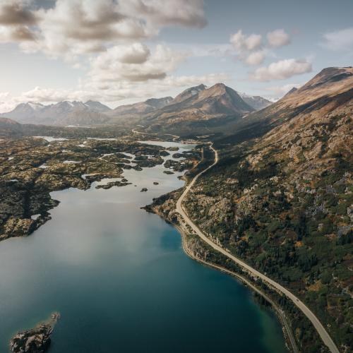 Aerial shot of the South Klondike Highway in the White Pass