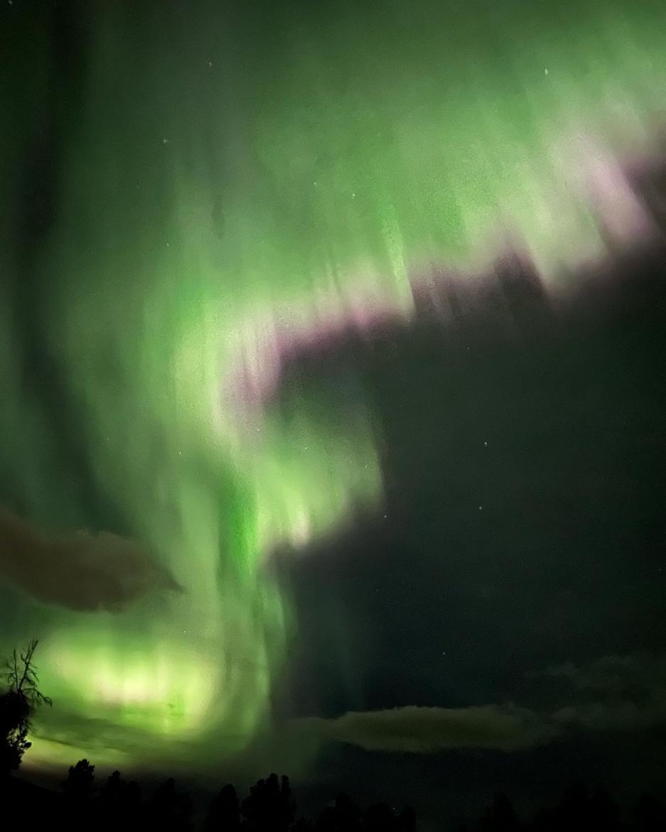 purple and green northern lights swirl across the sky in an s shape