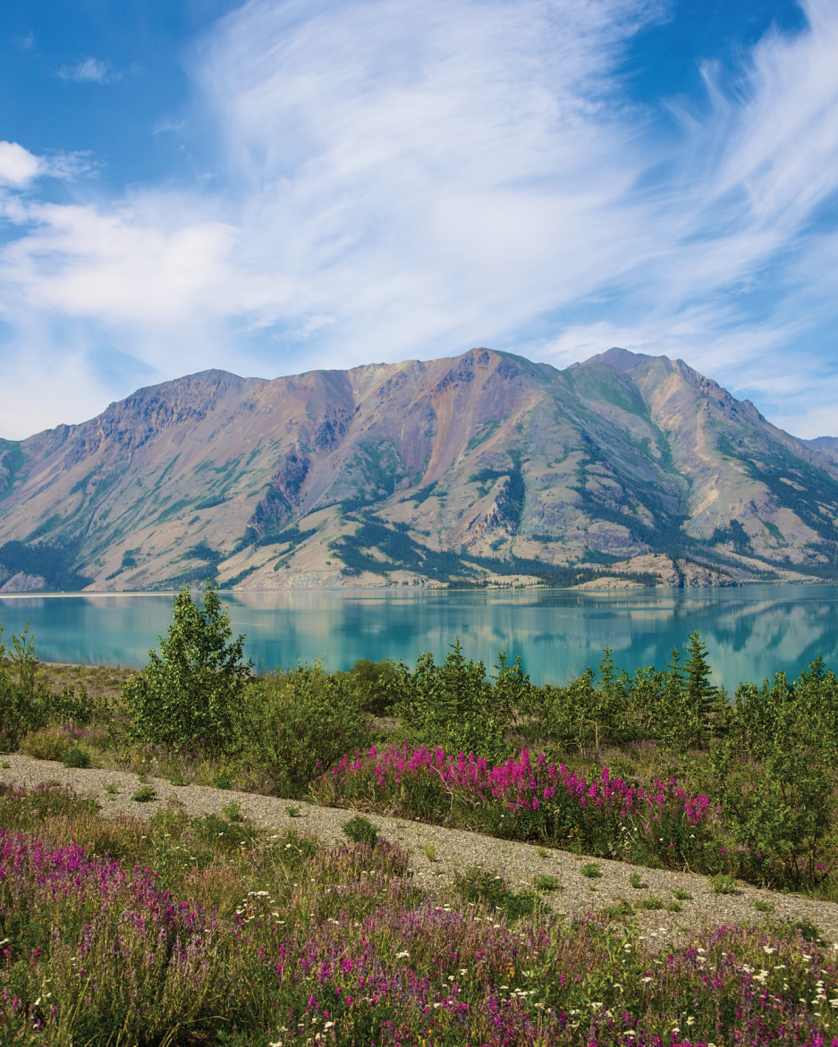 Summer lake and mountain view from Alaska highway