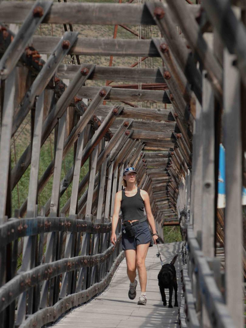 A woman in athletic wear walks her black dog across a wooden suspension bridge
