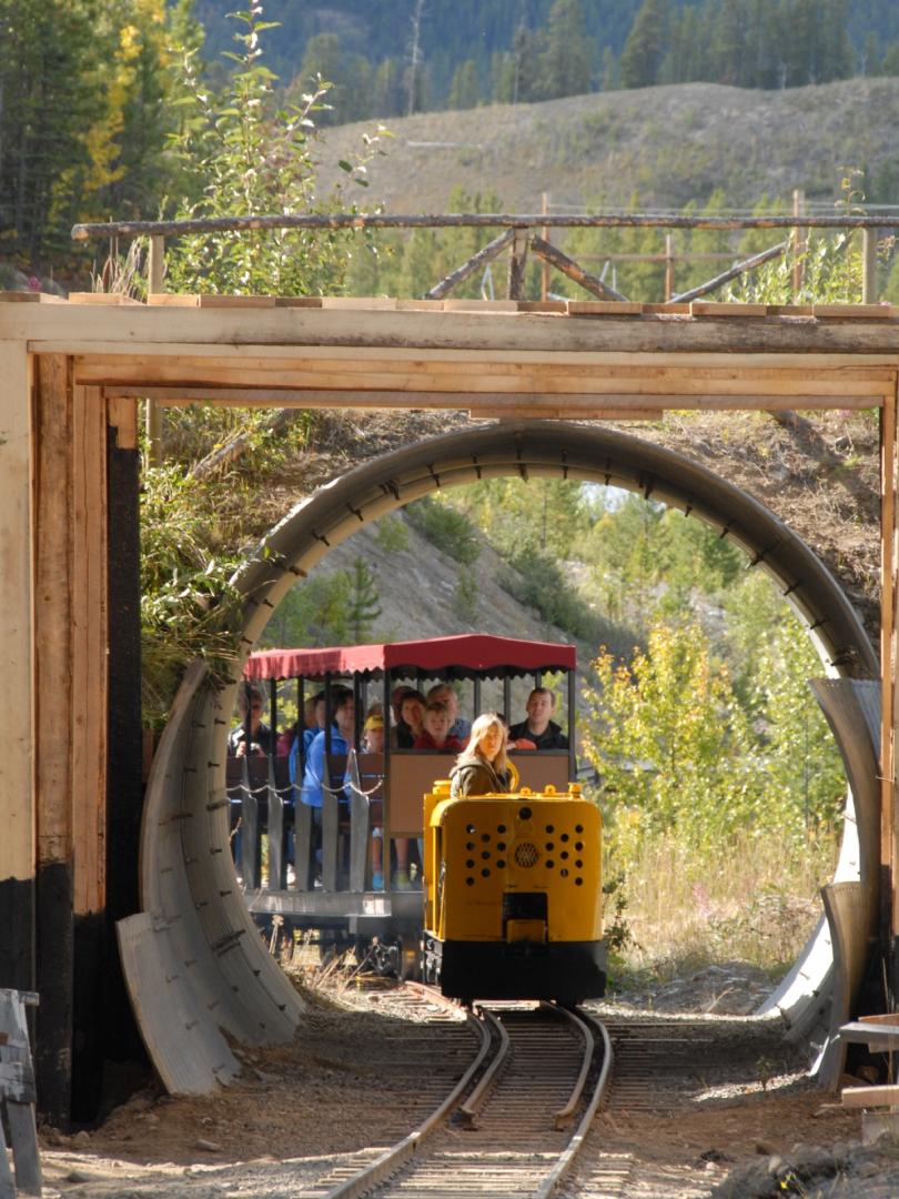 A small train runs through a tunnel at the Copperbelt Railway and Mining Museum