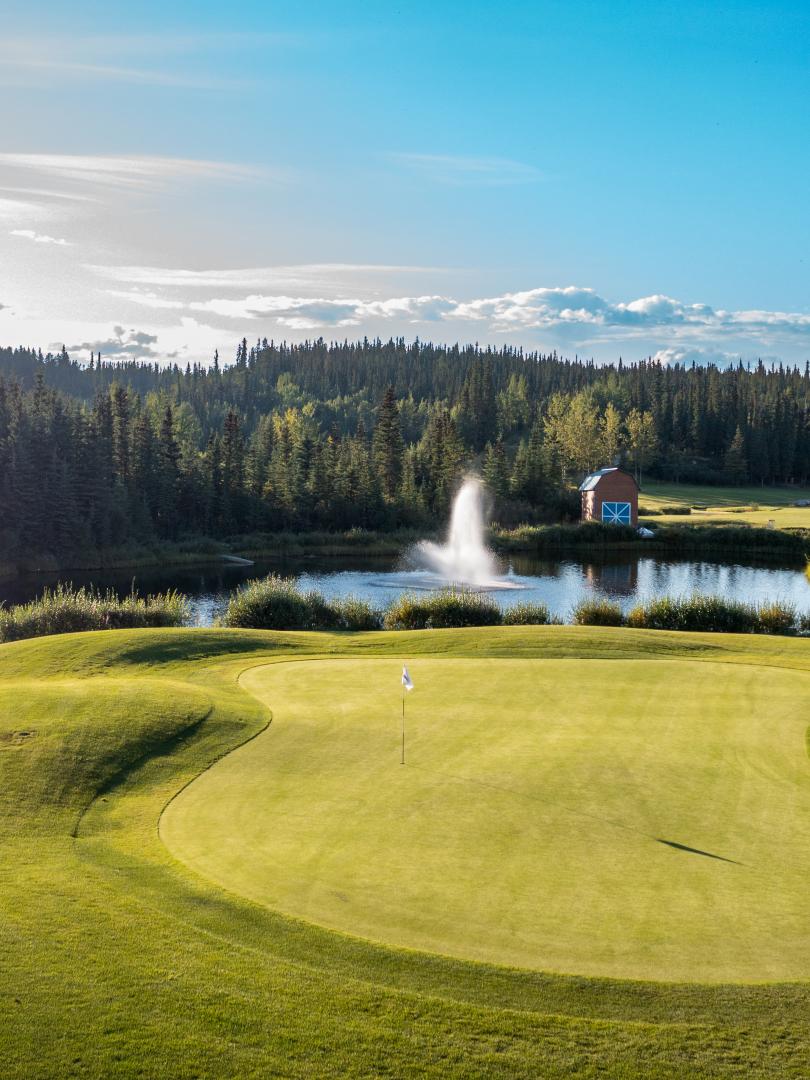 A green golf course on a blue sky day