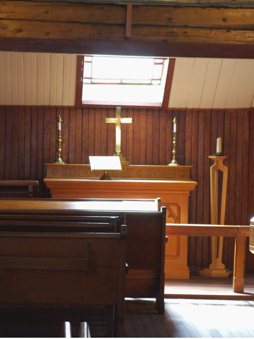 An inside view of the Old Log Church Museum altar.