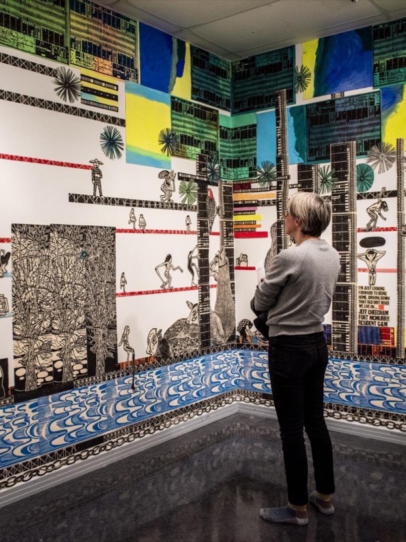 Hannah Jickling viewing Libby Hague's installation in the ODD Gallery in 20220.