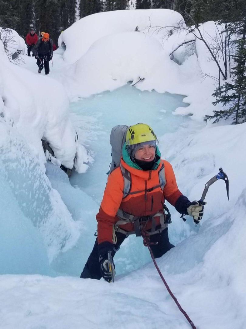 Naomi enjoying a climb up the frozen waterfall. 