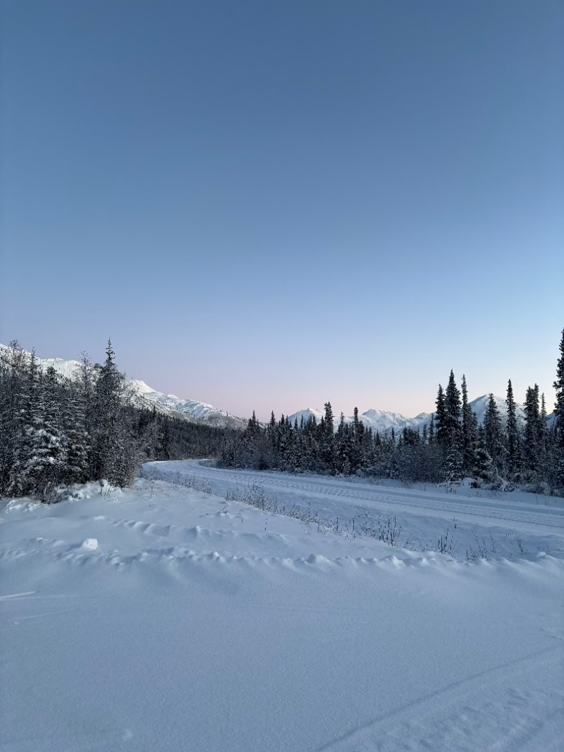 Dempster Highway covered in snow in the winter