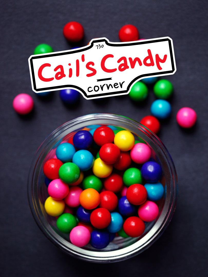 gumballs falling out of a glass jar, with the Cail's Candy Corner Logo