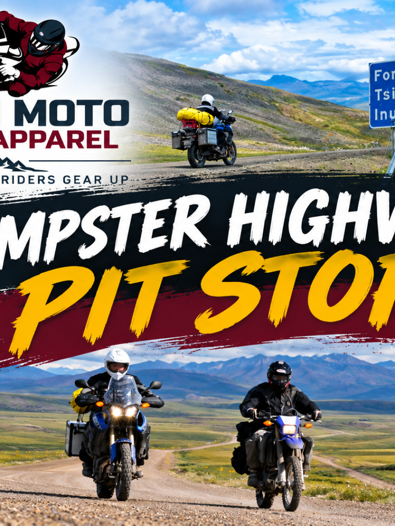 Yukon Moto Gear & Apparel Dempster Highway Pit Stop graphic featuring adventure motorcyclists riding the Dempster Highway through Yukon mountain scenery, with a northern highway distance sign and the YMGA logo.