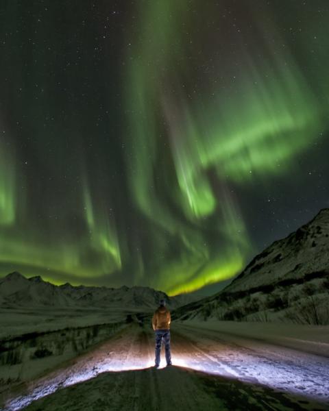 Green northern lights twirl above a person in a yellow jacket wearing a headlamp
